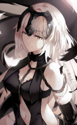 Rule 34 | 1girl, artist name, bare shoulders, black dress, black feathers, black gloves, breasts, brown eyes, chain, closed mouth, clothing cutout, dress, elbow gloves, fate/grand order, fate (series), feathers, fur-trimmed gloves, fur trim, gloves, headpiece, highres, jeanne d&#039;arc (fate), jeanne d&#039;arc alter (avenger) (fate), jeanne d&#039;arc alter (avenger) (third ascension) (fate), jeanne d&#039;arc alter (fate), long hair, looking away, medium breasts, navel, navel cutout, niii (memstapak), signature, sleeveless, sleeveless dress, solo, very long hair, white feathers, white hair