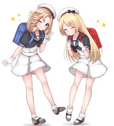 Rule 34 | 2girls, ;), absurdres, backpack, bag, blonde hair, blue eyes, blue sailor collar, blush, closed mouth, commentary request, dress, closed eyes, full body, gloves, grin, hat, highres, janus (kancolle), jervis (kancolle), kantai collection, long hair, looking at viewer, multiple girls, one eye closed, randoseru, sailor collar, sailor dress, sailor hat, school bag, shoes, short hair, short sleeves, simple background, smile, socks, sparkle, teeth, tiemu (man190), v, white background, white dress, white gloves, white headwear, white legwear