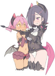 Rule 34 | 2girls, blade (galaxist), blush, boots, cosplay, cropped legs, dark-skinned female, dark skin, demon girl, demon wings, fang, female focus, hair over one eye, holding, holding riding crop, horns, low wings, midriff, multiple girls, navel, open mouth, pink eyes, pink hair, pointy ears, pop-up story, purple eyes, purple hair, revia serge, riding crop, short hair, simple background, skin fang, skirt, smile, sweatdrop, tail, thigh boots, thighhighs, ursula raiment, volteria dig platidity, volteria dig platidity (cosplay), whip, white background, wings, yellow eyes, yuri