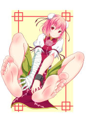 Rule 34 | 1girl, bandaged arm, bandages, barefoot, chain, commentary request, cuffs, double bun, feet, flower, foot focus, full body, green skirt, highres, ibaraki kasen, leafar, looking at viewer, pink eyes, pink flower, pink hair, pink rose, puffy short sleeves, puffy sleeves, ribbon, rose, shackles, shirt, short hair, short sleeves, simple background, sitting, skirt, smile, soles, solo, tabard, toes, touhou, white shirt