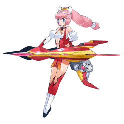 Rule 34 | 1girl, bare shoulders, black necktie, blue eyes, detached collar, detached sleeves, erul tron, hairband, hand on own hip, konami, long hair, lord british, low-tied long hair, mecha musume, navel, necktie, official art, otomedius, pelvic curtain, pink hair, red theme, red thighhighs, revealing clothes, simple background, solo, thighhighs, white background, yoshizaki mine