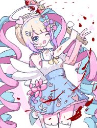 Rule 34 | 1girl, balloon animal, baseball bat, blonde hair, blood, blood splatter, bloody weapon, blue bow, blue eyes, blue hair, blue sailor collar, blue skirt, bow, chibikki, chouzetsusaikawa tenshi-chan, collared shirt, commentary, detached sleeves, hair bow, hairband, halo, hands up, heart, highres, holding, holding baseball bat, long hair, looking at viewer, multicolored hair, needy girl overdose, official alternate costume, one eye closed, open mouth, pink bow, pink hair, pink hairband, pink halo, pixel art, puffy detached sleeves, puffy sleeves, purple bow, purple hair, quad tails, sailor collar, shirt, simple background, skirt, sleeveless, sleeveless shirt, smile, solo, standing, standing on one leg, swinging, symbol-only commentary, thighhighs, v, weapon, white background, white wings, wing hair ornament, wings