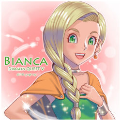 Rule 34 | 1girl, alternate eye color, bianca (dq5), blonde hair, blush, bracelet, braid, breasts, cape, character name, choker, copyright name, dragon quest, dragon quest v, earrings, feathers, green eyes, hair over shoulder, highres, jewelry, long hair, medium breasts, open mouth, orange cape, single braid, smile, solo, user wvya4344