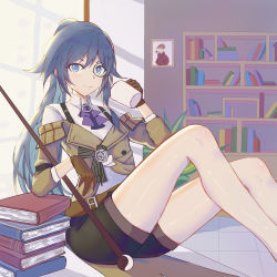 Rule 34 | 1girl, absurdres, black hair, black shorts, blue eyes, book, book stack, bookshelf, brown gloves, cane, closed mouth, coffee mug, cover, cover page, cup, delusion god, fu hua, fu hua (valkyrie accipiter), gloves, hair between eyes, highres, holding, honkai (series), honkai impact 3rd, indoors, legs, long hair, long sleeves, looking at viewer, monocle, mug, picture frame, plant, ponytail, shorts, sitting, smile, solo, thighs, window