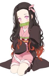 Rule 34 | 1girl, bamboo, bit gag, black hair, black legwear, blush, brown hair, checkered sash, commentary, english commentary, forehead, full body, gag, gradient hair, hair ribbon, hand up, highres, hitsukuya, japanese clothes, kamado nezuko, kimetsu no yaiba, kimono, long hair, long sleeves, looking at viewer, mouth hold, multicolored hair, obi, open clothes, parted bangs, pink eyes, pink kimono, pink ribbon, ribbon, sash, simple background, sleeves past fingers, sleeves past wrists, solo, unfinished, very long hair, white background, wide sleeves