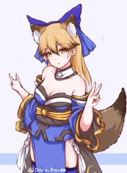 Rule 34 | 10s, 1girl, :o, animal ears, artist name, bare shoulders, blonde hair, blush, bow, breasts, cleavage, cosplay, detached collar, detached sleeves, disco brando, ezo red fox (kemono friends), fate/extra, fate (series), fox ears, fox shadow puppet, fox tail, hair between eyes, hair bow, highres, japanese clothes, kemono friends, long hair, looking at viewer, multicolored hair, open mouth, simple background, sketch, solo, tail, tamamo (fate), tamamo cat (fate), tamamo no mae (fate/extra), tamamo no mae (fate/extra) (cosplay), thighhighs, twitter username, v, yellow eyes
