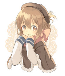 Rule 34 | 1girl, brown eyes, brown hair, capelet, flat cap, floral print, fur trim, hand on own neck, hat, highres, inazuma (kancolle), kantai collection, long sleeves, looking away, matching hair/eyes, scarf, school uniform, serafuku, short hair, simple background, smile, solo, white background, zuho (vega)