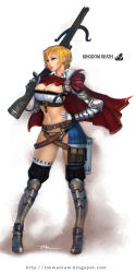 Rule 34 | 1girl, armor, belt, belt pouch, blonde hair, bow (weapon), breasts, cape, cleavage, crossbow, great game hunter, green eyes, hand on own hip, kingdom death, large breasts, lokman lam, midriff, navel, short hair, solo, thighhighs, weapon