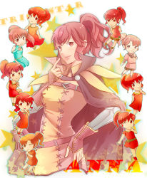 Rule 34 | 1girl, anna (fire emblem), belt, blush, buckle, cape, fire emblem, fire emblem awakening, hand on own hip, highres, long sleeves, looking at viewer, looking up, multiple persona, nintendo, ponytail, red eyes, red hair, short hair, sidelocks, stitches, tareme, thinking, upper body, yomi (vernala)