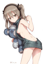 Rule 34 | 10s, 1girl, blush, boko (girls und panzer), breasts, brown eyes, brown hair, butt crack, commentary request, girls und panzer, highres, holding, inu (aerodog), long hair, looking at viewer, meme attire, naked sweater, shimada arisu, side ponytail, simple background, solo, stuffed animal, stuffed toy, sweater, teddy bear, underboob, virgin killer sweater, white background