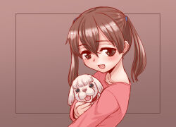 Rule 34 | 1girl, animal, black background, brown eyes, brown hair, child, collarbone, dog, female focus, hair tie, holding, holding animal, long sleeves, looking at viewer, naoki (shibu asa ryo), open mouth, original, pink shirt, shirt, simple background, smile, solo, twintails