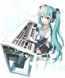 Rule 34 | 1girl, aqua eyes, aqua hair, beamed quavers, detached sleeves, hatsune miku, holographic interface, instrument, keyboard (instrument), long hair, looking at viewer, musical note, necktie, open mouth, quaver, simple background, skirt, smile, solo, thighhighs, twintails, very long hair, vocaloid, yuzuki kihiro