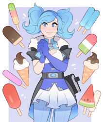 Rule 34 | 1girl, absurdres, asymmetrical gloves, blue eyes, blue gloves, blue hair, blue pants, book, breasts, cleavage, commentary, cowboy shot, elbow gloves, evie (paladins), eyes visible through hair, food, gloves, highres, ice cream cone, medium breasts, miniskirt, own hands clasped, own hands together, paladins, pants, pants under skirt, popsicle, single elbow glove, skirt, smile, solo, splashbrush, twintails, watermelon bar