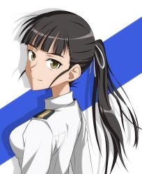 Rule 34 | 1girl, black hair, hair ribbon, highres, jatts, long hair, looking at viewer, military, military uniform, no eyepatch, ponytail, ribbon, sakamoto mio, smile, solo, strike witches, uniform, world witches series, yellow eyes