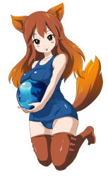 Rule 34 | 1girl, :p, animal ears, breast press, breasts, breasts squeezed together, brown eyes, brown thighhighs, bulge, earth (planet), fox ears, fox tail, gradient hair, large breasts, long hair, mozilla firefox, multicolored hair, one-piece swimsuit, os-tan, personification, planet, red hair, redlark, school swimsuit, skindentation, solo, swimsuit, tail, thighhighs, tongue, tongue out, zettai ryouiki