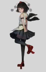 Rule 34 | 1girl, armband, black hair, black skirt, black thighhighs, black wings, breasts, commentary request, fjsmu, from side, grey background, hair ornament, hat, highres, looking at viewer, own hands together, pleated skirt, pom pom (clothes), pom pom hair ornament, red eyes, red footwear, ribbon, ribbon-trimmed skirt, ribbon trim, shameimaru aya, shirt, short hair, simple background, skirt, sleeveless, sleeveless shirt, small breasts, smile, solo, standing, standing on one leg, thighhighs, thighs, tokin hat, tongue, tongue out, touhou, white ribbon, white shirt, wings