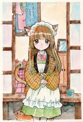 Rule 34 | 1girl, animal ears, apple, apron, bow, bowtie, brown hair, cat, cat ears, cat girl, cat tail, collar, commentary request, dress, food, fruit, green dress, green eyes, highres, hime cut, long hair, maid headdress, muzukite, original, painting (medium), pink bow, pink bowtie, sitting, solo, tail, traditional media, watercolor (medium)