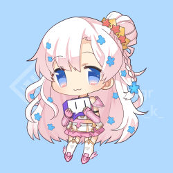 Rule 34 | 1girl, :3, blue background, blue eyes, blue flower, braid, chibi, commentary, commission, crown, dress, english commentary, flower, hair flower, hair ornament, indie virtual youtuber, kgr, lowres, lyrica (vtuber), pink hair, purple skirt, skirt, smile, solo, thighhighs, twitch.tv, virtual youtuber, white dress