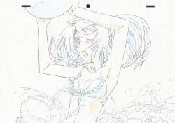 Rule 34 | 10s, 1girl, armpits, ball, beachball, bikini, bikini top only, color trace, eyepatch, flat chest, infinite stratos, laura bodewig, monochrome, production art, signalpink, solo, swimsuit, traditional media, twintails