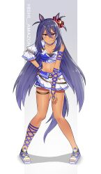 Rule 34 | 1girl, absurdres, animal ears, bare shoulders, black hair, blue shirt, breasts, character name, cleavage, commentary request, dark-skinned female, dark skin, ear ornament, full body, grey background, hair between eyes, hair ornament, hairclip, highres, hishi amazon (umamusume), horse ears, horse girl, horse tail, knees together feet apart, large breasts, long hair, red eyes, sandals, shirt, simple background, skirt, smile, solo, tail, tawashi hechima, thigh strap, two-tone background, two-tone shirt, umamusume, white background, white shirt, white skirt