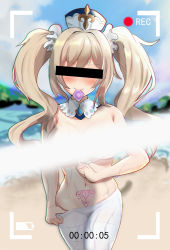 Rule 34 | 1girl, absurdres, bar censor, barbara (genshin impact), battery indicator, beach, blurry, blurry background, blush, censored, censored nipples, chushou jiang, condom, condom in mouth, condom wrapper, convenient censoring, detached collar, genshin impact, groin, hair ornament, hat, highres, identity censor, long hair, mouth hold, navel, pubic tattoo, recording, sand, smile, solo, tattoo, topless male, twintails, very long hair, wet, white legwear