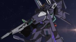 Rule 34 | beam rifle, commentary request, energy gun, gundam, gundam narrative, highres, lilya (lilya litvak), mecha, mobile suit, no humans, red eyes, robot, science fiction, signature, silver bullet suppressor, solo, space, star (sky), v-fin, weapon
