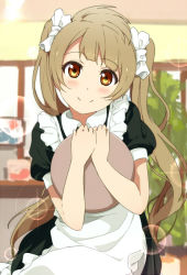 Rule 34 | 10s, 1girl, alternate hairstyle, apron, blush, brown eyes, brown hair, dress, long hair, looking at viewer, love live!, love live! school idol festival, love live! school idol project, maid, maid apron, minami kotori, ogipote, puffy sleeves, short sleeves, smile, solo, tray, twintails, waitress
