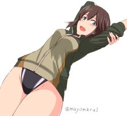 Rule 34 | 1girl, arms up, black hair, black one-piece swimsuit, competition swimsuit, cowboy shot, from below, green jacket, hayasui (kancolle), jacket, kantai collection, looking at viewer, mayomaru1, one-piece swimsuit, short hair, grey eyes, simple background, solo, swimsuit, swimsuit under clothes, track jacket, twitter username, white background