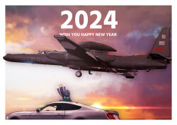 Rule 34 | 1girl, 2024, aircraft, airplane, blue hair, car, cloud, cloudy sky, copyright request, english text, flying, ford mustang, ford mustang s550, happy new year, highres, motor vehicle, new year, orange sky, short hair, sky, solo, timmyyen, u-2 dragon lady, vehicle focus, vehicle request, waving, wheel