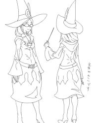 Rule 34 | 10s, 1girl, belt, boots, character sheet, cosmic bear, glasses, greyscale, hair over shoulder, hat, hidden eyes, hood, knee boots, little witch academia, monochrome, ponytail, smile, translation request, ursula callistis, wand, wide hips, wide sleeves, witch hat