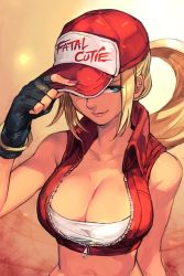Rule 34 | 1girl, baseball cap, blonde hair, blue eyes, bracelet, breasts, cleavage, fatal fury, fingerless gloves, genderswap, genderswap (mtf), gloves, hat, hungry clicker, jewelry, large breasts, long hair, midriff, nail polish, pink nails, ponytail, sidelocks, sleeveless, snk, solo, terry bogard, the king of fighters, upper body, zipper, zipper pull tab
