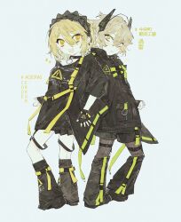 Rule 34 | 1boy, 1girl, black dress, black footwear, black jacket, blonde hair, blush, cosplay, don quixote (project moon), dress, highres, jacket, kagamine len, kagamine len (cosplay), kagamine rin, kagamine rin (cosplay), limbus company, long sleeves, looking at viewer, meijiichigo, open mouth, project moon, short hair, sinclair (project moon), smile, vocaloid boxart pose, yellow eyes