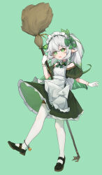 Rule 34 | 1girl, absurdres, alternate costume, ankle bell, apron, azurymi, back bow, black footwear, bow, bowtie, braid, broom, cape, child, collar, detached collar, dress, floating clothes, floating hair, frilled collar, frilled dress, frilled gloves, frills, gem, genshin impact, gloves, gold trim, green background, green bow, green bowtie, green cape, green dress, green eyes, green gemstone, green hair, green ribbon, hair between eyes, hair ornament, hair ribbon, highres, holding, holding broom, leaf hair ornament, looking at viewer, maid apron, maid headdress, mary janes, multicolored hair, nahida (genshin impact), off shoulder, open mouth, pantyhose, pointy ears, ponytail, ribbon, shoes, sidelocks, single braid, standing, standing on one leg, streaked hair, thighlet, two-tone hair, white bow, white gloves, white hair, white pantyhose