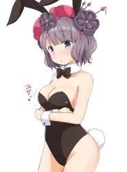Rule 34 | 1girl, :o, aikawa ryou, animal ears, arms under breasts, bare arms, bare shoulders, black bow, black flower, blue eyes, blush, bow, breasts, cleavage, collarbone, commentary request, dot nose, fake animal ears, fate/grand order, fate (series), flower, hair flower, hair ornament, heart, highres, katsushika hokusai (fate), large breasts, leotard, looking at viewer, playboy bunny, rabbit ears, rabbit tail, red flower, short hair, simple background, solo, tail, translation request, white background, wrist cuffs