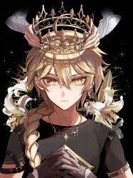 Rule 34 | 1boy, 1girl, aether (genshin impact), ahoge, arm armor, asagizuisen, black background, blonde hair, braid, brother and sister, brown gloves, brown shirt, closed mouth, crescent, crescent necklace, crown, earrings, fingernails, floral background, flower, genshin impact, gloves, gold trim, hair between eyes, hands up, highres, holding, holding crown, jewelry, leaf, long hair, looking at viewer, lumine (genshin impact), necklace, own hands together, shirt, short sleeves, siblings, single earring, solo focus, standing, star (symbol), star necklace, starry background, white flower, yellow eyes