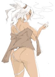 Rule 34 | 10s, 1girl, ass, breasts, budget sarashi, butt crack, clothes down, dark-skinned female, dark skin, from behind, glasses, kantai collection, large breasts, musashi (kancolle), naked shirt, pointy hair, red eyes, sarashi, shirt, short hair, short twintails, simple background, sketch, smoking, smoking pipe, solo, standing, twintails, two side up, white background, white hair, whoosaku
