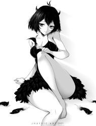 Rule 34 | 1girl, 2021, antenna hair, arm support, artist name, barefoot, black clover, black feathers, breasts, closed mouth, collarbone, dress, feather-trimmed dress, feathers, greyscale, hair between eyes, highres, holding, holding feather, horns, jhaysie, knee up, medium breasts, monochrome, narrow waist, secre swallowtail, short dress, short hair, simple background, sleeveless, sleeveless dress, solo, white background, wide hips