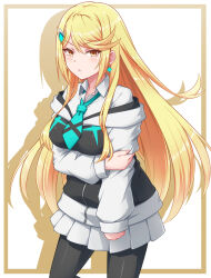Rule 34 | 1girl, arm under breasts, black jacket, black pantyhose, blonde hair, blue necktie, blush, breasts, brown eyes, closed mouth, collared shirt, commentary request, drop shadow, earrings, hair between eyes, hair ornament, highres, jacket, jewelry, long hair, looking at viewer, medium breasts, mythra (xenoblade), necktie, off shoulder, pantyhose, pleated skirt, shirt, short necktie, skirt, solo, v-shaped eyebrows, very long hair, white background, white shirt, white skirt, xenoblade chronicles (series), xenoblade chronicles 2, yoruusagi