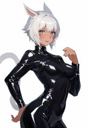Rule 34 | 1girl, animal ears, black bodysuit, blush, bodysuit, breasts, cat ears, cat tail, closed mouth, covered navel, facial mark, final fantasy, final fantasy xiv, fingernails, green nails, grey eyes, hair between eyes, highres, large breasts, latex, latex bodysuit, looking at viewer, lyra-kotto, miqo&#039;te, nail polish, neck tattoo, short hair, sidelocks, simple background, smile, solo, tail, tattoo, thighs, whisker markings, white background, white hair, y&#039;shtola rhul