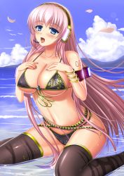 Rule 34 | 1girl, bad id, bad pixiv id, beach, belt, bikini, black thighhighs, blue eyes, blush, breast suppress, breasts, cloud, day, headphones, headset, large breasts, legs, long hair, megurine luka, microphone, open mouth, outdoors, partially submerged, petals, pink hair, shibata rai, sitting, sky, solo, swimsuit, thighhighs, thighs, tongue, very long hair, vocaloid, water, wet