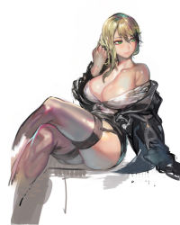 Rule 34 | 1girl, aoin, blonde hair, blush, borrowed character, breasts, cleavage, crossed legs, female focus, garter straps, green eyes, jacket, large breasts, legs, lips, mole, mole under eye, off shoulder, original, shiny skin, simple background, sitting, sketch, skirt, solo, thighhighs, thighs, white background