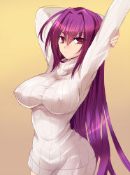 Rule 34 | 1girl, breasts, dress, covered erect nipples, fate/grand order, fate (series), highres, ji (yugria), large breasts, long hair, long sleeves, looking at viewer, purple hair, red eyes, ribbed sweater, scathach (fate), scathach (fate), solo, standing, sweater, sweater dress, turtleneck, turtleneck sweater