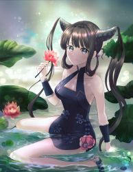 Rule 34 | 1girl, 364 holidays, absurdres, bad id, bad pixiv id, bare legs, black eyes, black hair, breasts, china dress, chinese clothes, dress, eyebrows hidden by hair, fate/grand order, fate (series), flower, highres, holding, holding flower, long hair, looking at viewer, lotus, river, sitting, sleeveless, smile, solo, twintails, yang guifei (fate), yang guifei (second ascension) (fate)
