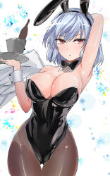 Rule 34 | 1girl, alcohol, animal ears, armpits, bare arms, bare shoulders, blush, bow, bowtie, breasts, cameltoe, cleavage, highres, kishin sagume, large breasts, leotard, lips, looking at viewer, one-hour drawing challenge, pantyhose, playboy bunny, rabbit ears, shiny skin, single wing, solo, thighs, touhou, white hair, wings, y2