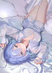 Rule 34 | 1girl, :o, absurdres, bare legs, barefoot, bed sheet, blue hair, blush, breasts, cleavage, fingernails, hair between eyes, hair spread out, highres, idolmaster, idolmaster shiny colors, indoors, knees up, long hair, looking at viewer, lying, medium breasts, no pants, on back, open collar, pillow, shirt, solo, suzuki hana, uouokuma, upside-down, very long hair, white shirt