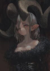 Rule 34 | 1girl, bare shoulders, black dress, breasts, cross-laced clothes, curled horns, dark background, dress, expressionless, fur trim, grey hair, highres, horns, jonpei, long hair, looking at viewer, medium breasts, original, pointy ears, red eyes, solo, upper body
