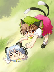 Rule 34 | 2girls, :&lt;, animal ears, brown eyes, brown hair, cat ears, cat girl, cat tail, chen, chibi, dirumaru tomo, earrings, fang, female focus, from above, hat, jewelry, mouse ears, mouse tail, multiple girls, multiple tails, nazrin, o o, pendant, running, tail, touhou