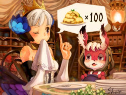 Rule 34 | 1girl, animal ear fluff, animal ears, armor, armored dress, blush, breasts, chair, crown, detached sleeves, dress, food, fork, gwendolyn (odin sphere), highres, hood, hood up, index finger raised, lantern, multicolored wings, napkin, odin sphere, one eye closed, open mouth, plate, pooka (odin sphere), purple eyes, rabbit ears, sho.t, short hair, signature, sitting, sweat, table, white hair, wings, wiping mouth