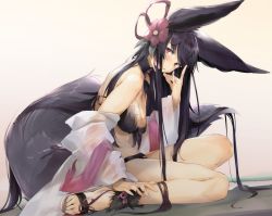 Rule 34 | 1girl, animal ears, bare shoulders, bikini, black hair, blush, breasts, choker, cleavage, commentary request, feet, flower, fox shadow puppet, fur, granblue fantasy, hair flower, hair ornament, hair ribbon, long hair, looking back, pink background, red eyes, ribbon, sandals, see-through, sitting, solo, swimsuit, tail, toes, uno ryoku, wariza, yuel (granblue fantasy)
