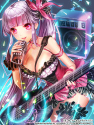 Rule 34 | 1girl, amplifier, between breasts, breasts, character request, dress, esphy, flower, grey hair, guitar, hair flower, hair ornament, hen-shin-shou-jo metamol maiden, instrument, long hair, looking at viewer, microphone, microphone stand, open mouth, pink eyes, pink hair, ponytail, smile, solo, thighhighs